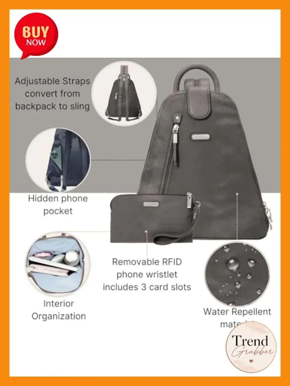 Convertible Backpack Sling Bag with RFID Wristlet, Water-Repellent Nylon